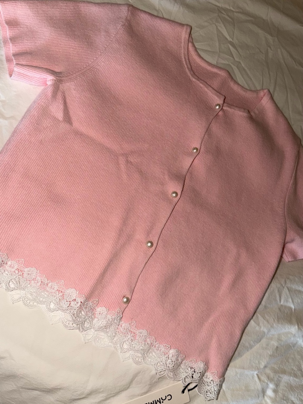 Commense Pink Short-Sleeve Pearl-Button Cardigan with Lace Hem